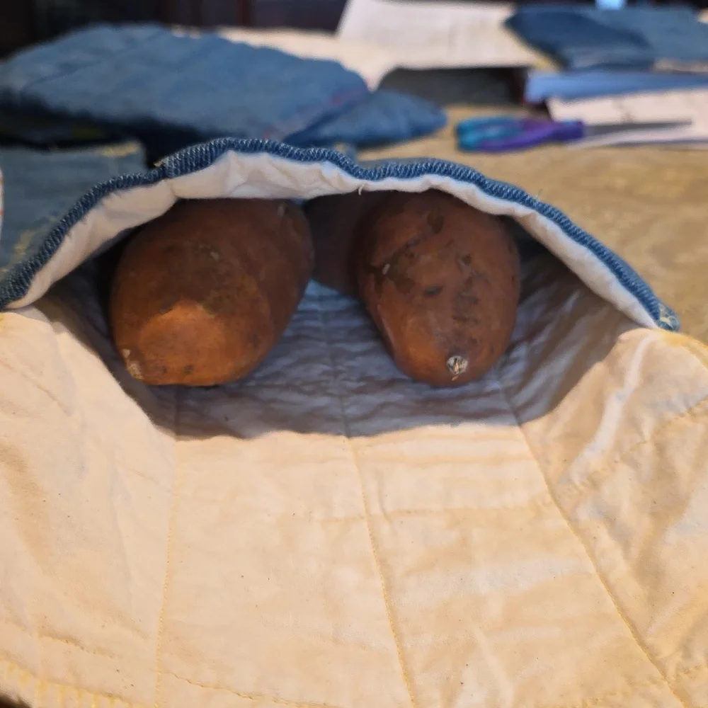 HAND CRAFTED Potato Pouch Microwave UPCYCLED Blue Denim Cotton Carrots 8.5 Inch